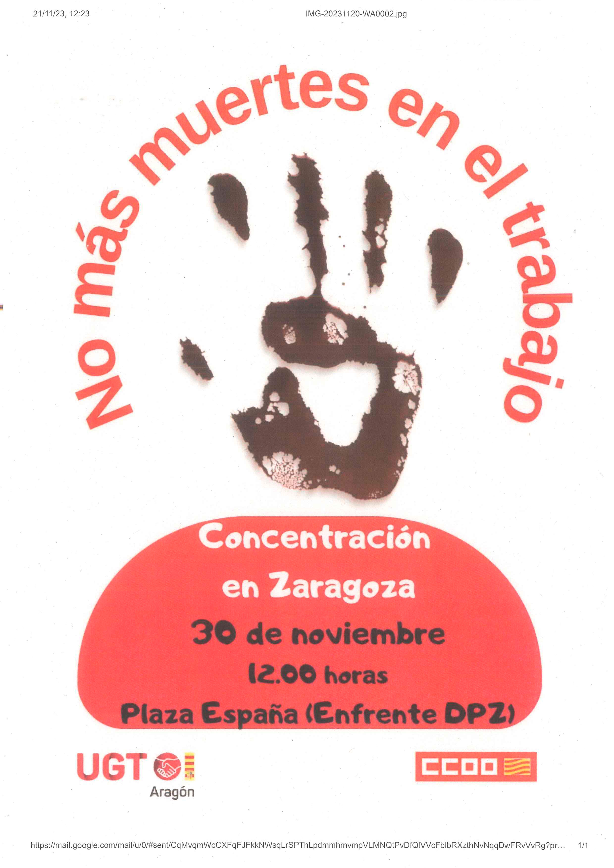 CONCENTRACIÓN el 30-11-2023 a las 12 horas en la Plaza de España de Zaragoza. repulsa y denuncia de los accidentes laborales